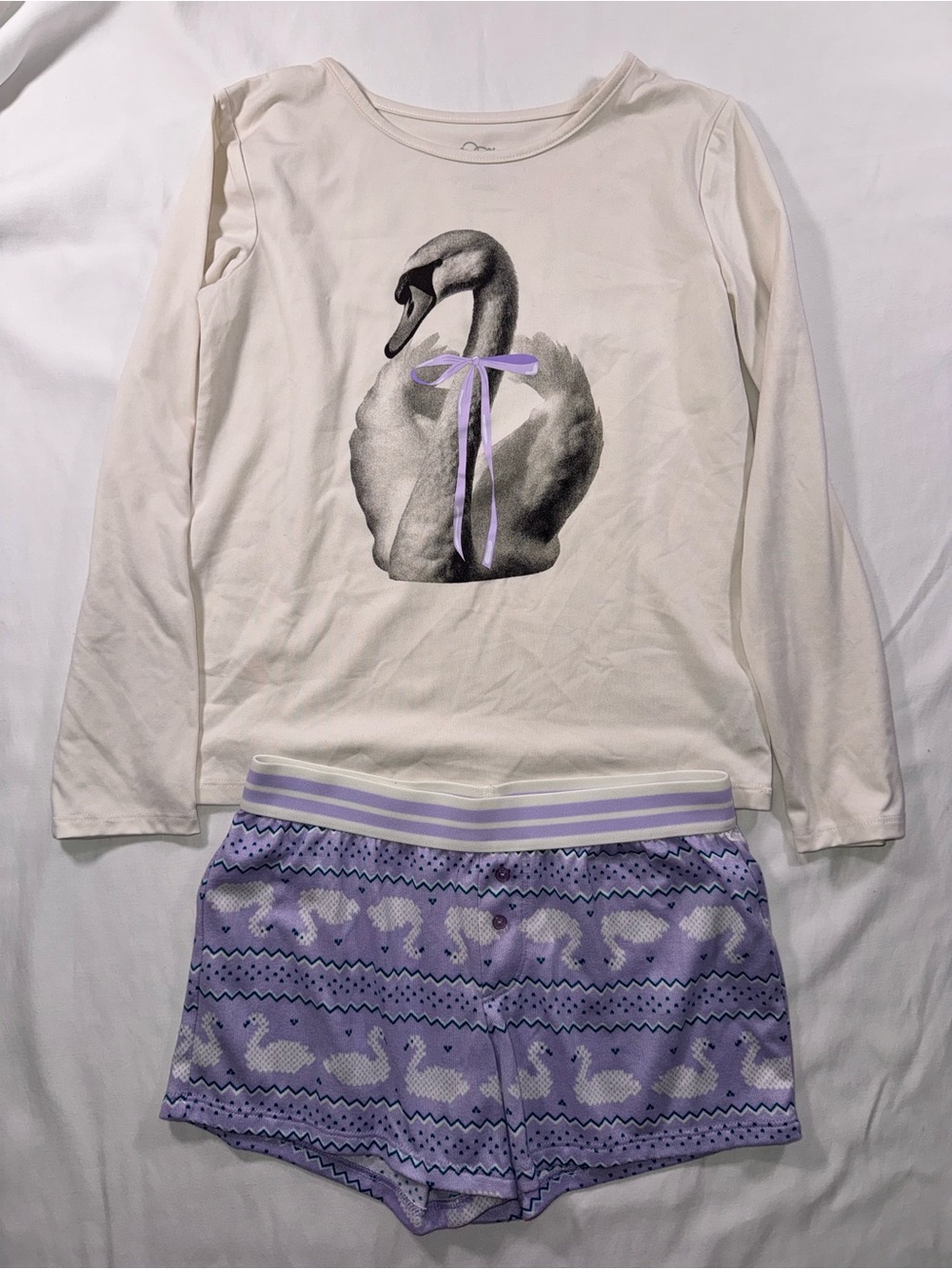 Cream Swan Long Sleeve Top & Lavender Swan Print Shorts Set
